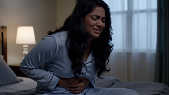 young woman sitting on bed while stomach sik