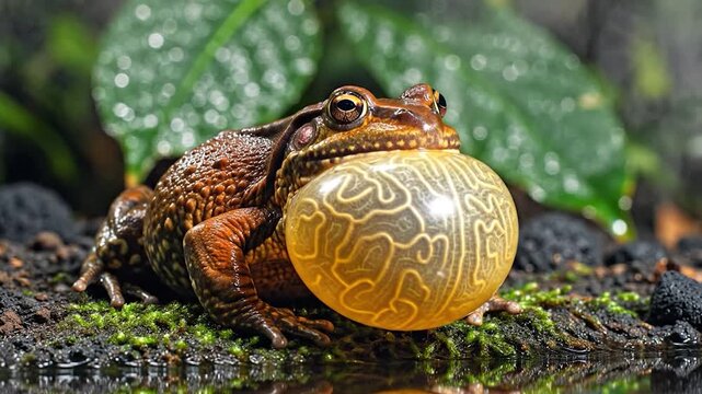 Close-up of a large brown frog on mossy ground, reflected in water, jungle setting