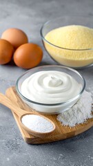 Raw ingredients on grey surface eggs, flour, sugar, cream, cornmeal, on board with a wooden spoon