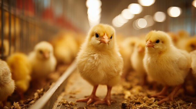 Young chicks eating grain and walking around in a commercial hatchery