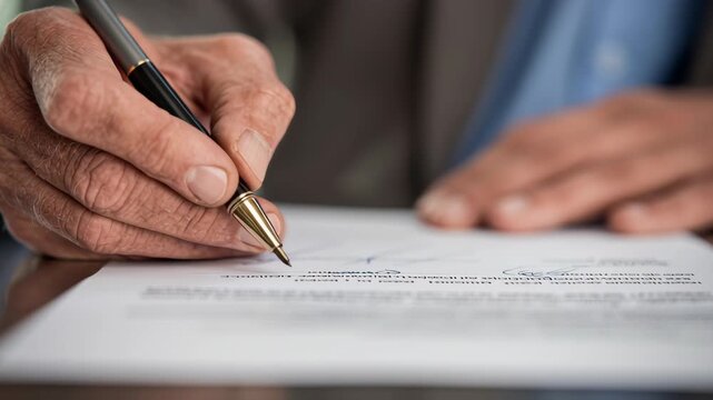 Man signing legal document with pen on paper closeup hand showing public finance law concept
