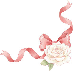 A delicate white rose with a pink ribbon and bow