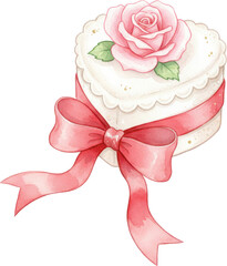 A heart shaped cake adorned with a pink rose and ribbon bow
