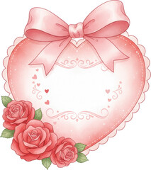 A pink heart shaped frame adorned with roses and a bow