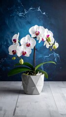 White orchid with pink centers in a geometric pot against a mottled dark blue backdrop