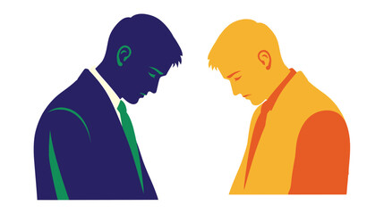 Two men in business attire looking down in a confrontational or disappointed stance © LUNEX