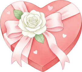 Heart shaped gift box adorned with a white rose and pink ribbon