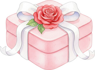 Pink gift box with red rose and white ribbon