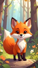 Obraz premium Cute fox cartoon standing in a sunny, leafy forest with wildflowers and tall trees in the background