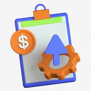 3D illustration of a clipboard with an upward arrow and a gear symbolizing bill processing and financial obligations
