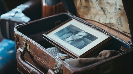 Old suitcase with a black and white picture and clothing seen in a room with vintage items