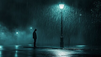 Dark street with rain and a figure standing under a lamp at night in a quiet city