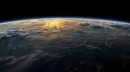 View of Earth from space during sunrise, showing clouds and sunlight reflecting on the ocean surface