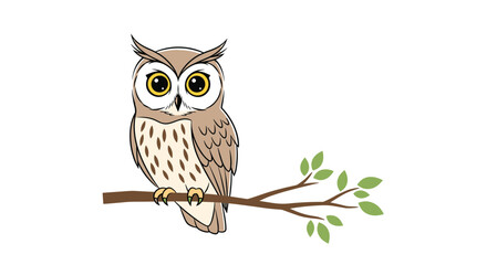 Obraz premium Wise-looking brown owl with large yellow eyes perched calmly on a green leafy branch in a hand-drawn illustration style.