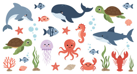 Large collection of cute cartoon sea animals and ocean elements including whale, shark, turtle, and octopus on white.