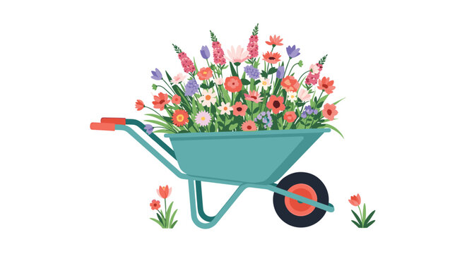 Teal garden wheelbarrow filled with a vibrant variety of blooming spring flowers and plants on a clean white background.