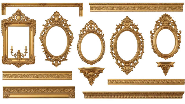 Ornate gold mirrors and moldings isolated on transparent background