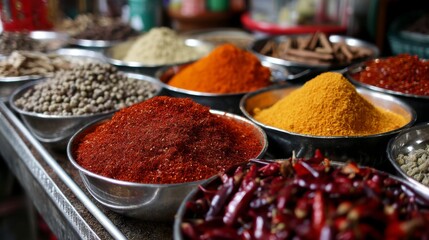 Vibrant Display of Colorful Spices in Bowls at a Local Market with Textures and Rich Scents Inviting Culinary Creativity and Exploration of Flavors