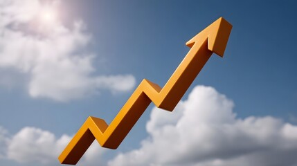 An orange arrow graph points upward against a bright sky with clouds symbolizing growth and success