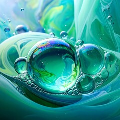 Iridescent, large water droplets resting on teal, fluid-like surfaces, enhanced by gentle light and blurred background