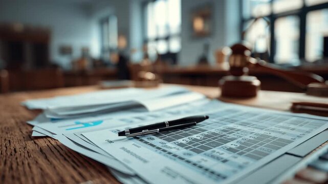 Financial documents calculator pen paper on wooden table with law gavel for public finance concepts