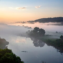 A serene landscape of a river winding through a valley