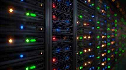 Illuminated server racks with multicolored blinking lights in a dark high tech datacenter environment