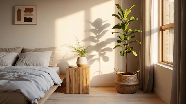 Modern Scandinavian Bedroom with Natural Light and Fiddle Leaf Fig Plant