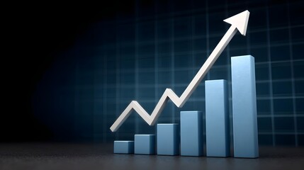 A 3D bar graph with an upward trend arrow indicates financial growth and positive performance