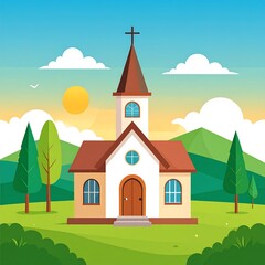 Naklejka premium Illustration of a quaint church with a steeple, nestled in a verdant landscape under a bright sky