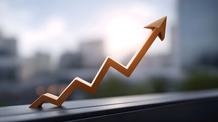 A golden arrow graph points upwards symbolizing financial growth and success against a blurred cityscape