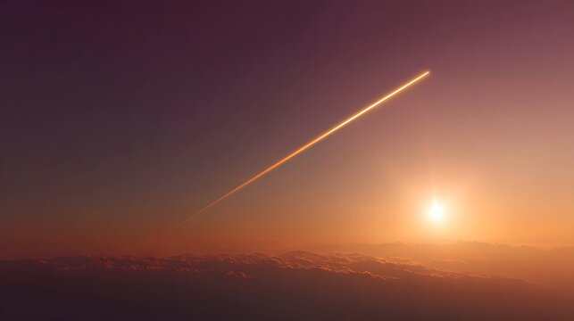 A bright golden contrail streaks across a gradient sky at sunset or sunrise above a layer of clouds - Powered by Adobe