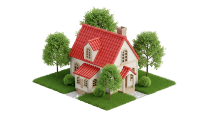 3 D Rendered House with Red Roof and Green Trees on Grass
