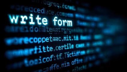 Close up of glowing blue computer code on a dark screen with the words write form prominently displayed in white text