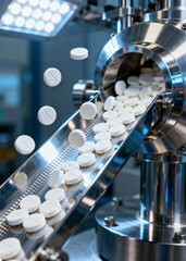 Pharmaceutical Factory Production Line with White Tablets on Conveyor Belt Conveying