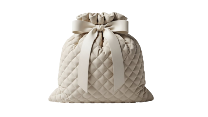 Quilted fabric drawstring bag with diamond pattern soft bow closure elegant luxury packaging for valentline gift personal accessory branding png
