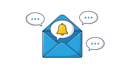 Blue envelope with yellow bell and speech bubbles on black background