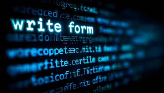 Close up of glowing blue computer code on a dark screen with the words write form prominently displayed in white text - Powered by Adobe