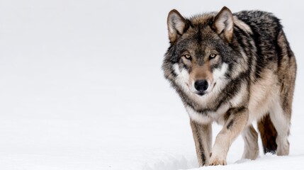 Fototapeta premium Majestic Wolf Walking Through Snowy Landscape in Winter Season
