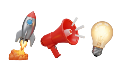 Red Megaphone Rocket and Light Bulb on Black Background