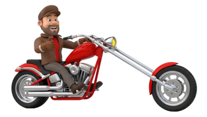 Cartoon Man Riding Red Motorcycle with Long Handlebar