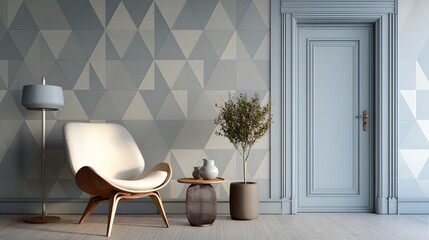 minimalist room with geometric wallpaper design, clean modern interior