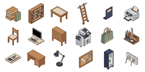 Isometric Library Furniture and Reading Equipment Icon Set © DzikriAdi