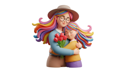 Woman and Child Hugging with Rainbow Hair and Flowers
