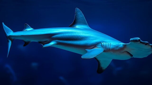Hammerhead shark swimming underwater against blue background
