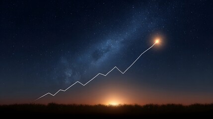 Conceptual line graph soars towards a bright star in a starry night sky symbolizing ambition and achievement