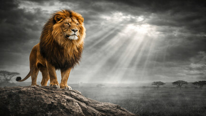 Majestic lion standing on a rock in vivid color against a black and white savanna landscape with dramatic sun rays.