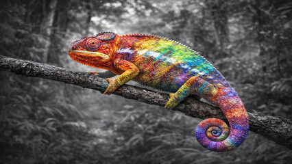 Vibrant multicolored chameleon on black and white forest background, selective color wildlife concept.