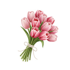 Obraz premium Elegant Pink Tulips with Green Stems and Leaves