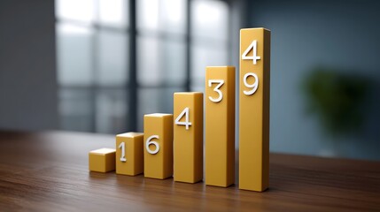 Ascending yellow bar graph displaying numbers 1 6 4 3 9 and 49 symbolizing business growth and upward trends on a desk